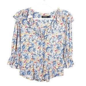 Lauren Ralph Lauren Black Label Linen Blend Floral Ruffle Blouse